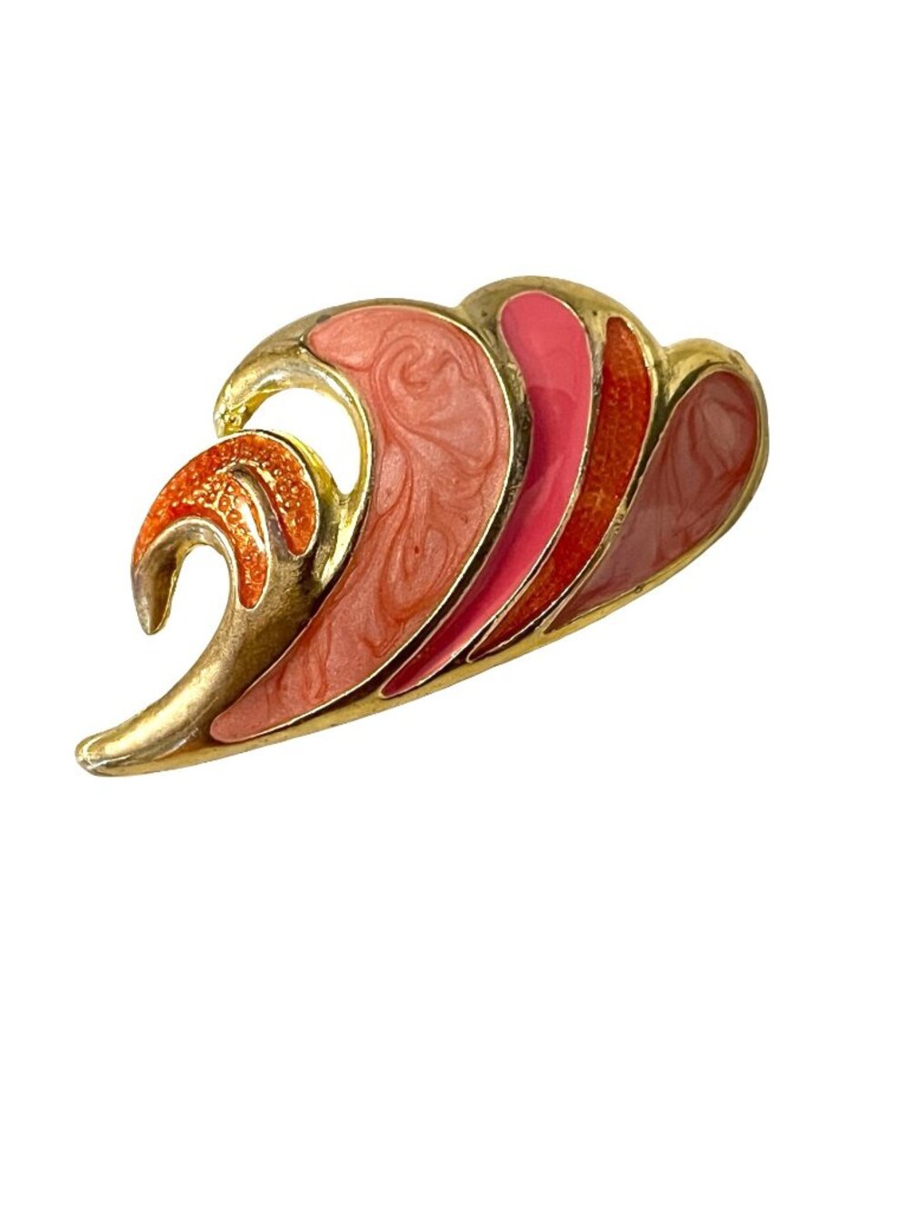 Vintage Gold Tone Enamel Brooch Pink Orange Swirl Abstract Leaf 2.25”